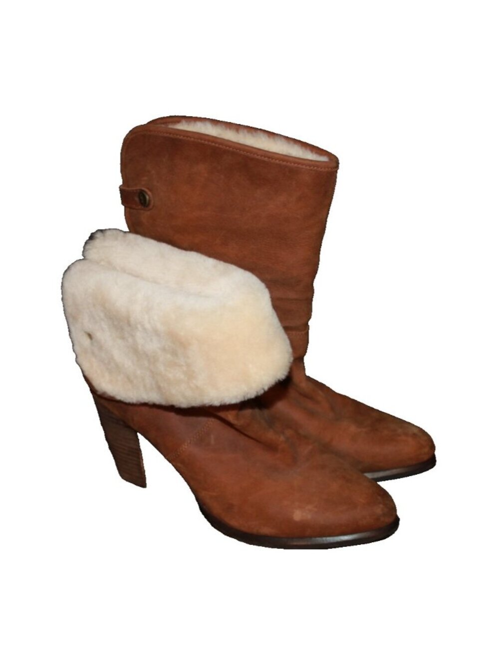 UGG Brown Layna Shearling Lined Cuff Heeled Boots Nubuck Leather Size 9.5